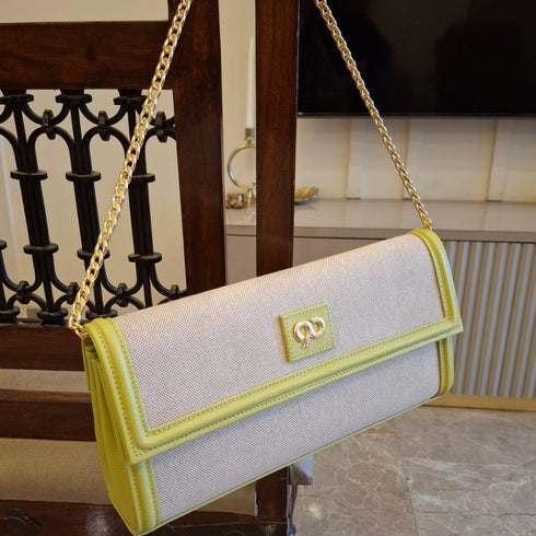 90 Feet Kaya Lime Green Premium Genuine Leather and Canvas Clutch Bag